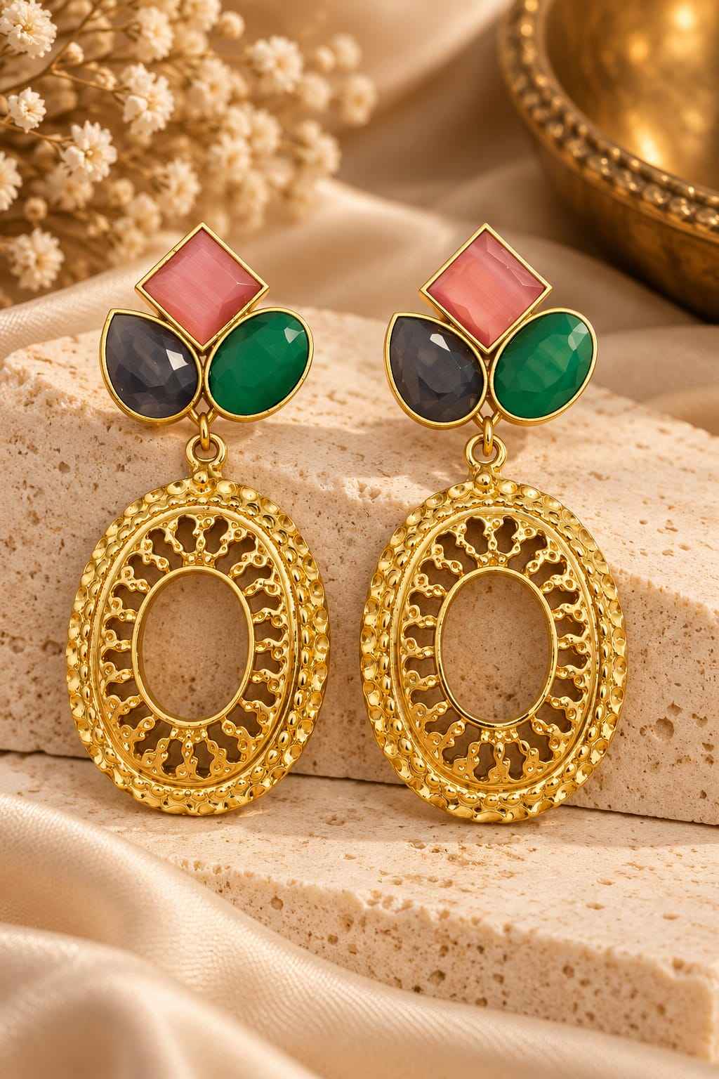 Aqua Garden - Botanical Gold Earrings With Aqua Drops - Infinity Jewelzz