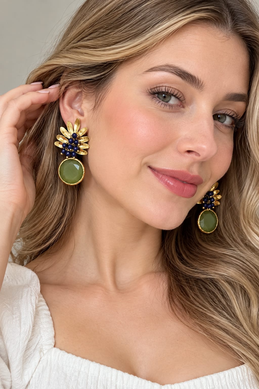 Olive Bloom — Gold Floral + Navy and Olive Stone Earrings - Infinity Jewelzz