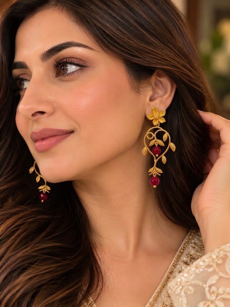 Ruby Vine - Botanical Gold Earrings With Ruby-red Drops - Infinity Jewelzz