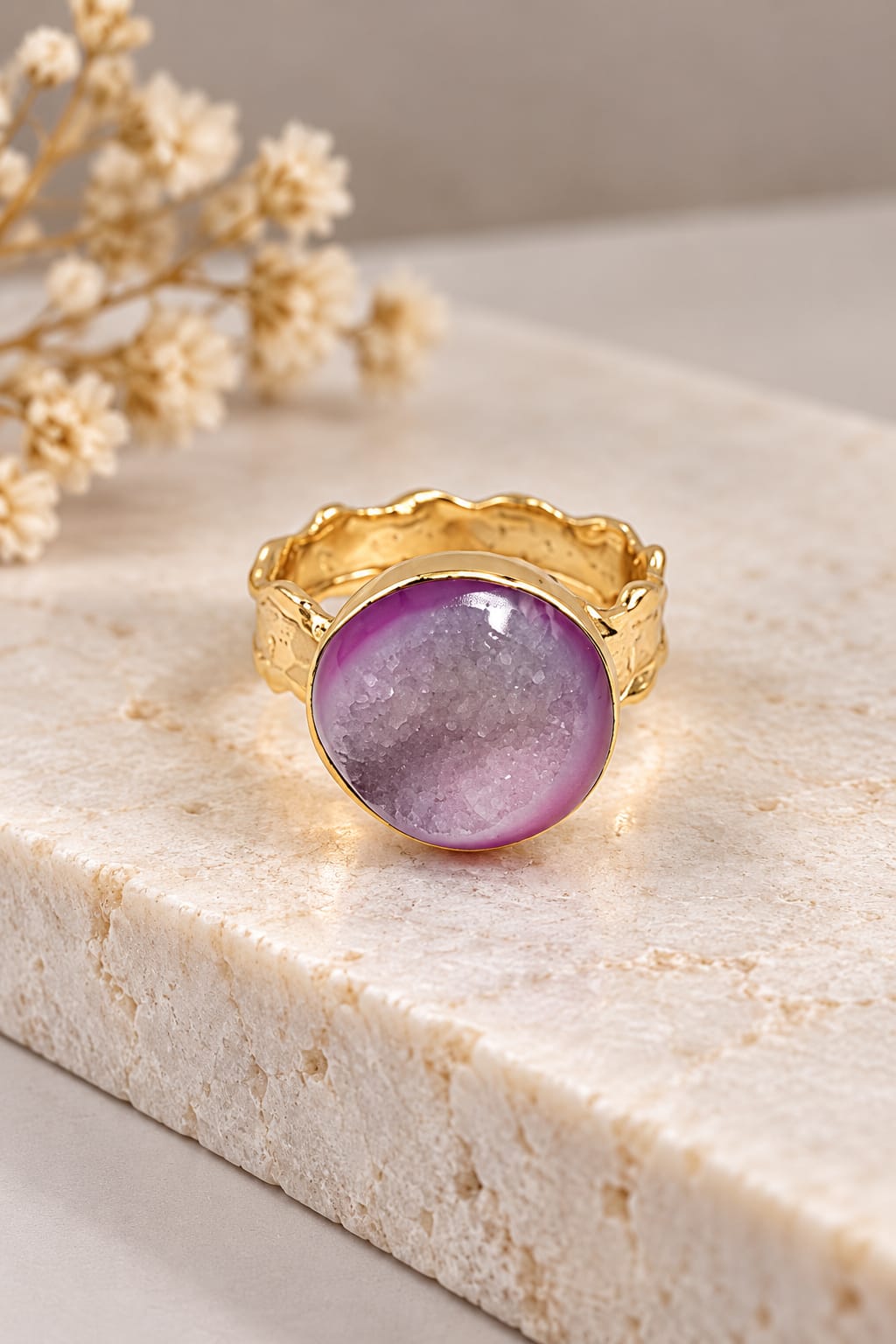 Amethyst Aura Ring - Round Purple Stone with Gold Band