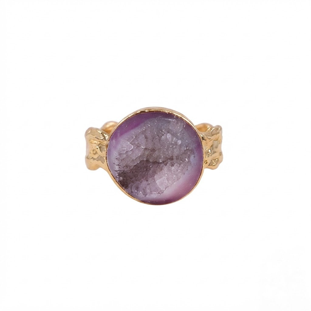 Amethyst Aura Ring - Round Purple Stone with Gold Band
