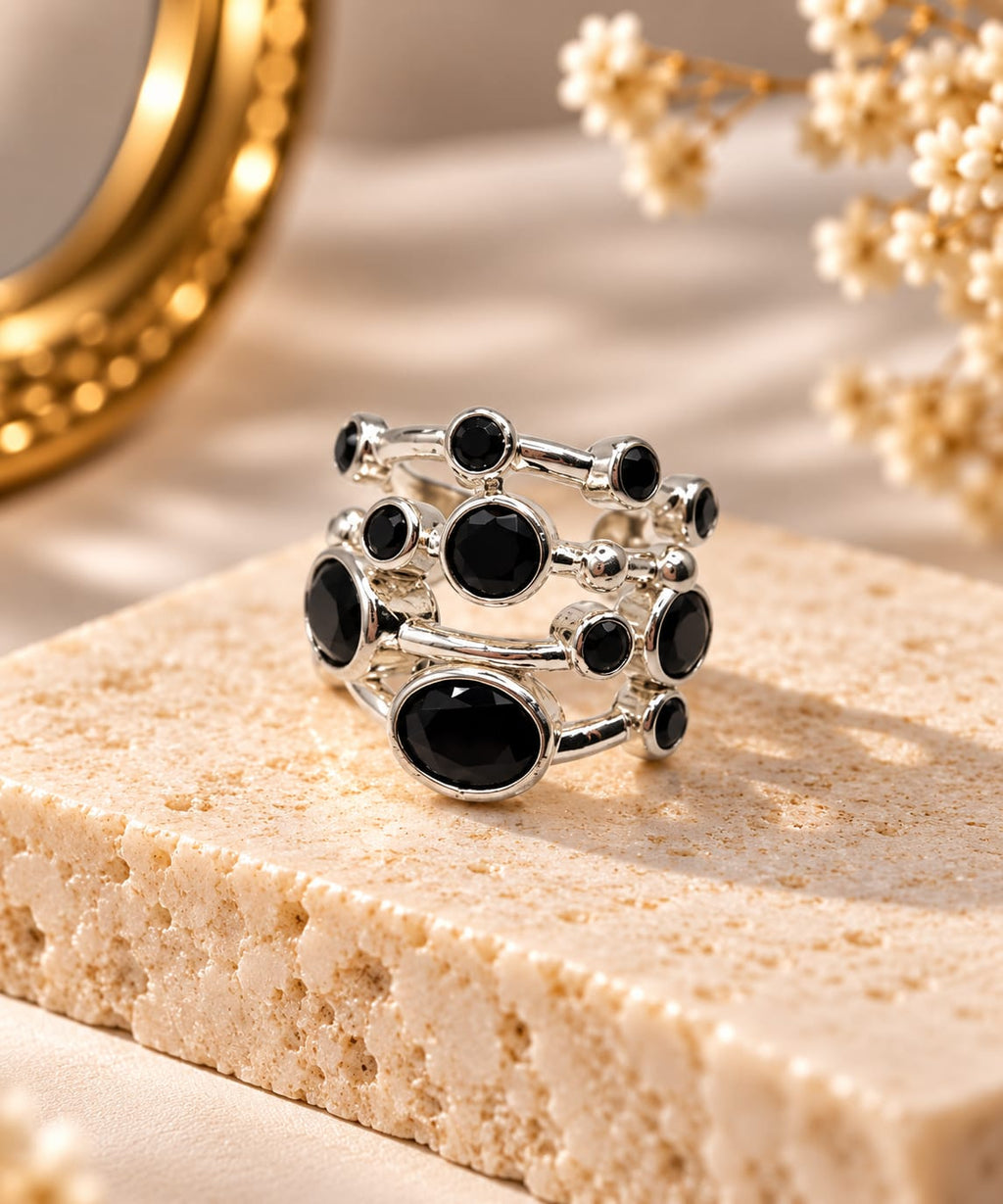 Black Ocre Ring – Multi-Stone Black Onyx Bezel-Set Band - Infinity Jewelzz