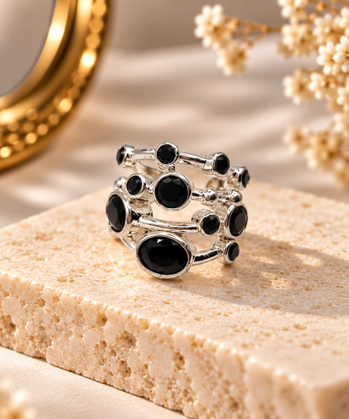 Black Ocre Ring – Multi-Stone Black Onyx Bezel-Set Band - Infinity Jewelzz