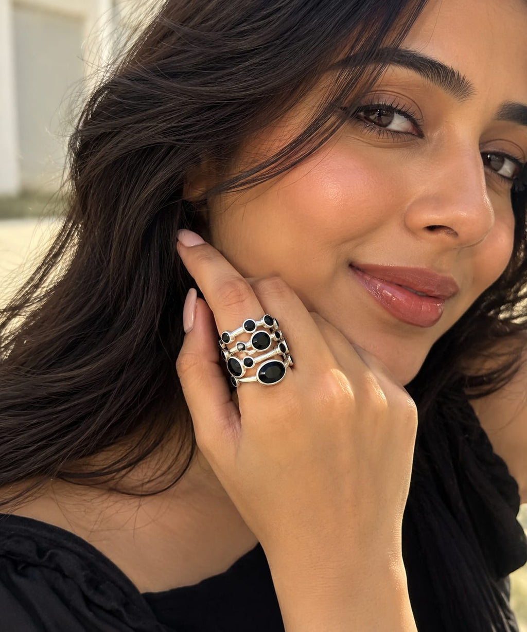 Black Ocre Ring – Multi-Stone Black Onyx Bezel-Set Band - Infinity Jewelzz