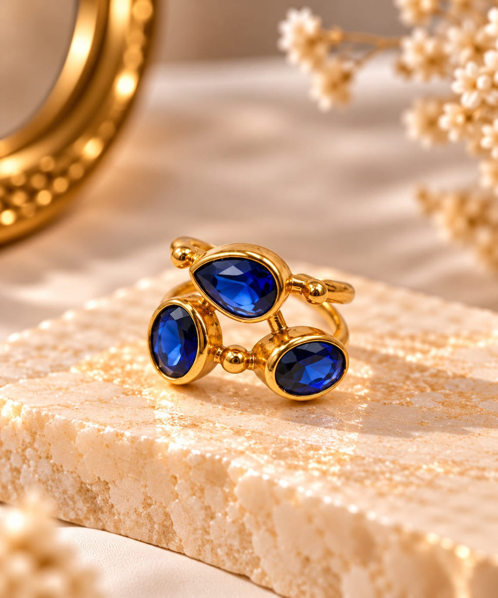 Blue Ocre Ring – Vibrant Royal Blue Trio Set In A Gold Frame - Infinity Jewelzz