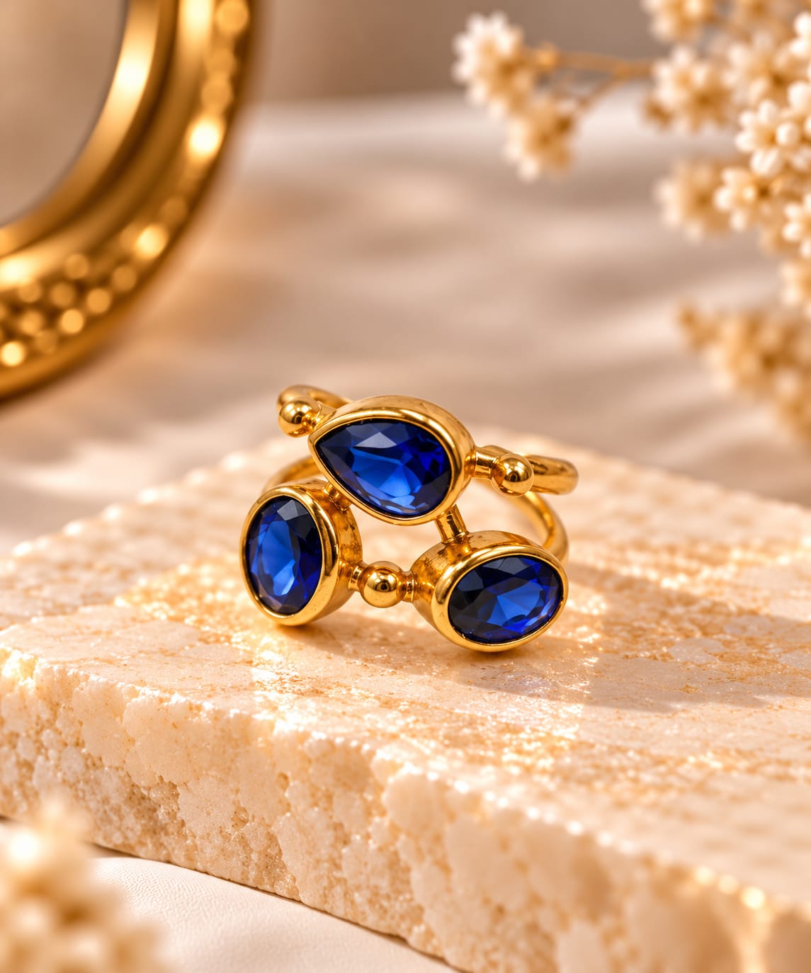 Blue Ocre Ring – Vibrant Royal Blue Trio Set In A Gold Frame - Infinity Jewelzz