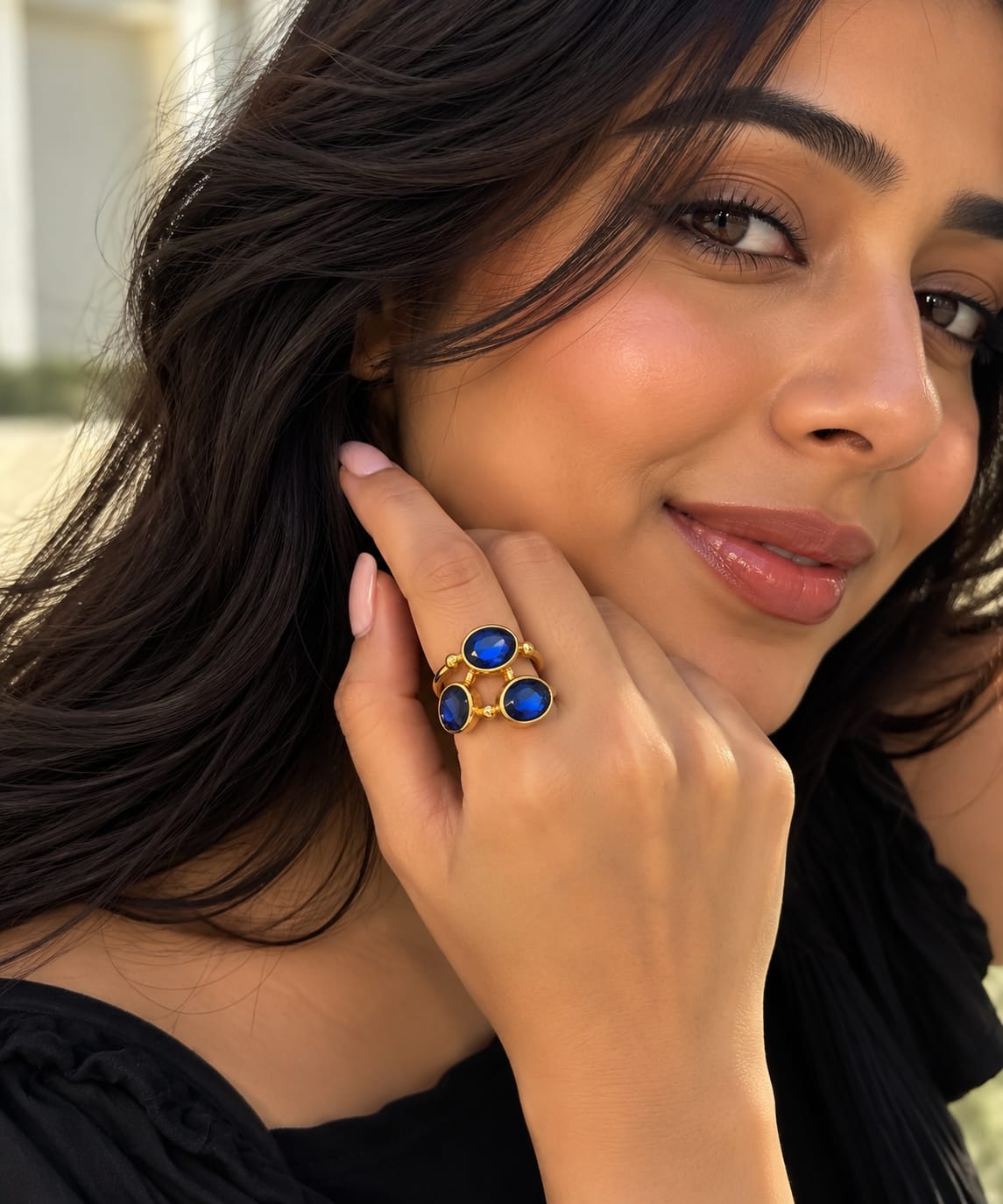 Blue Ocre Ring – Vibrant Royal Blue Trio Set In A Gold Frame - Infinity Jewelzz
