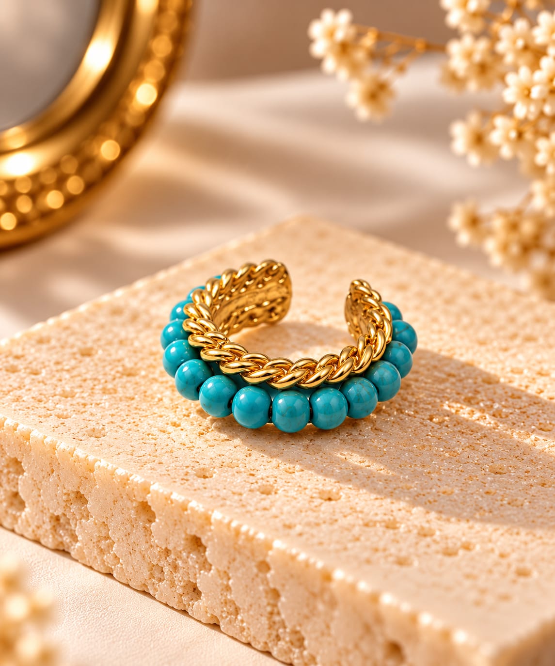 Blue Waters Ring – Turquoise Bead And Gold Chain Band - Infinity Jewelzz