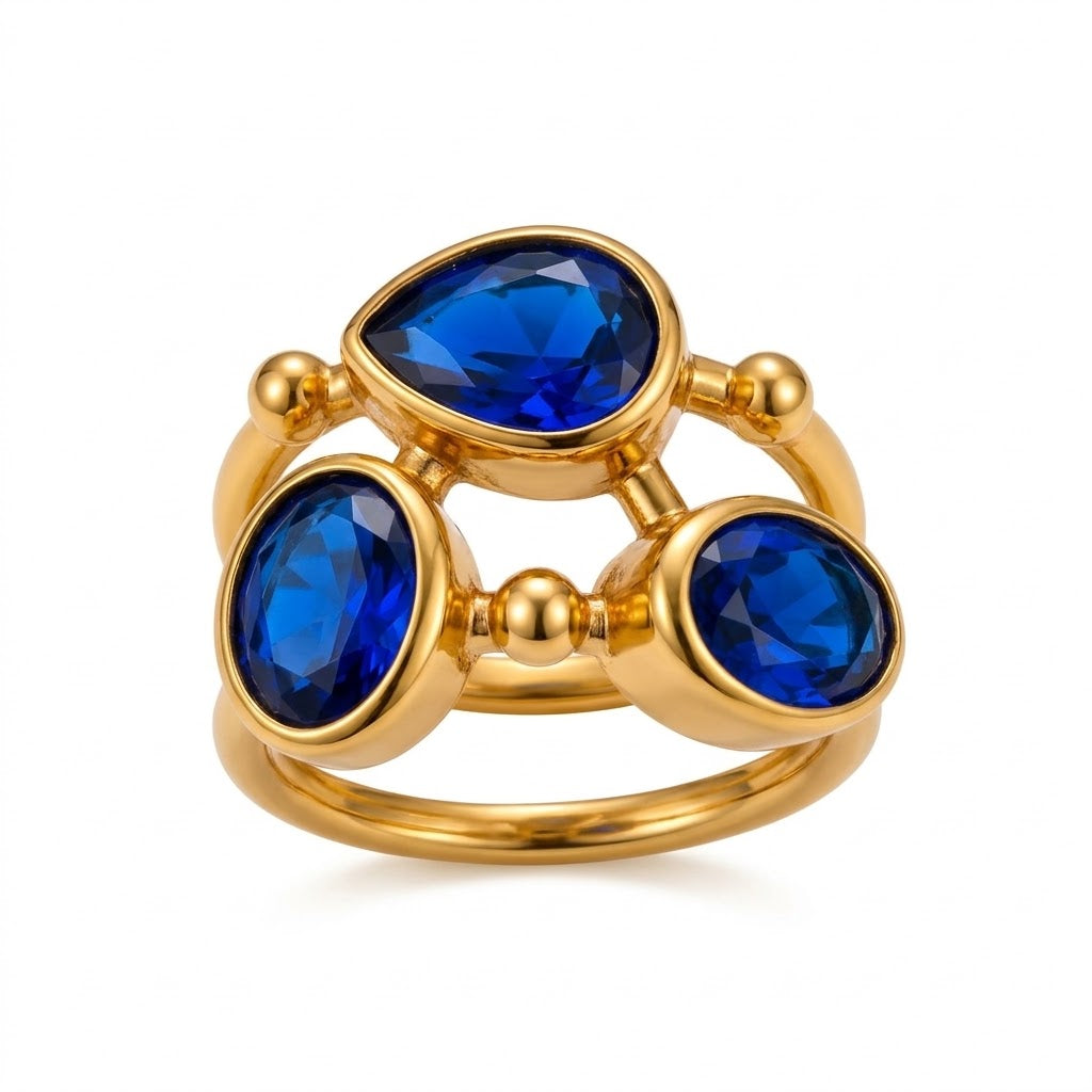 Blue Ocre Ring – Vibrant Royal Blue Trio Set In A Gold Frame - Infinity Jewelzz