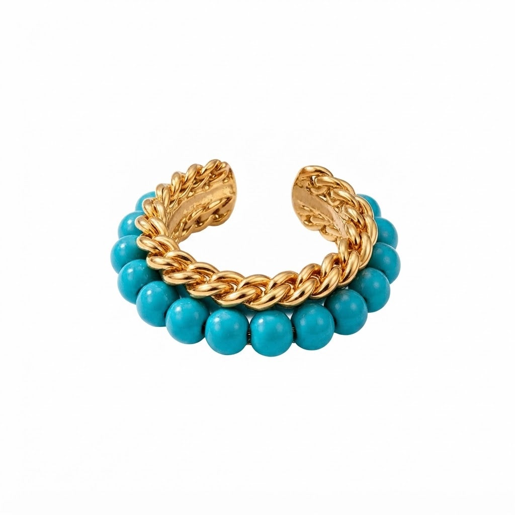 Blue Waters Ring – Turquoise Bead And Gold Chain Band - Infinity Jewelzz
