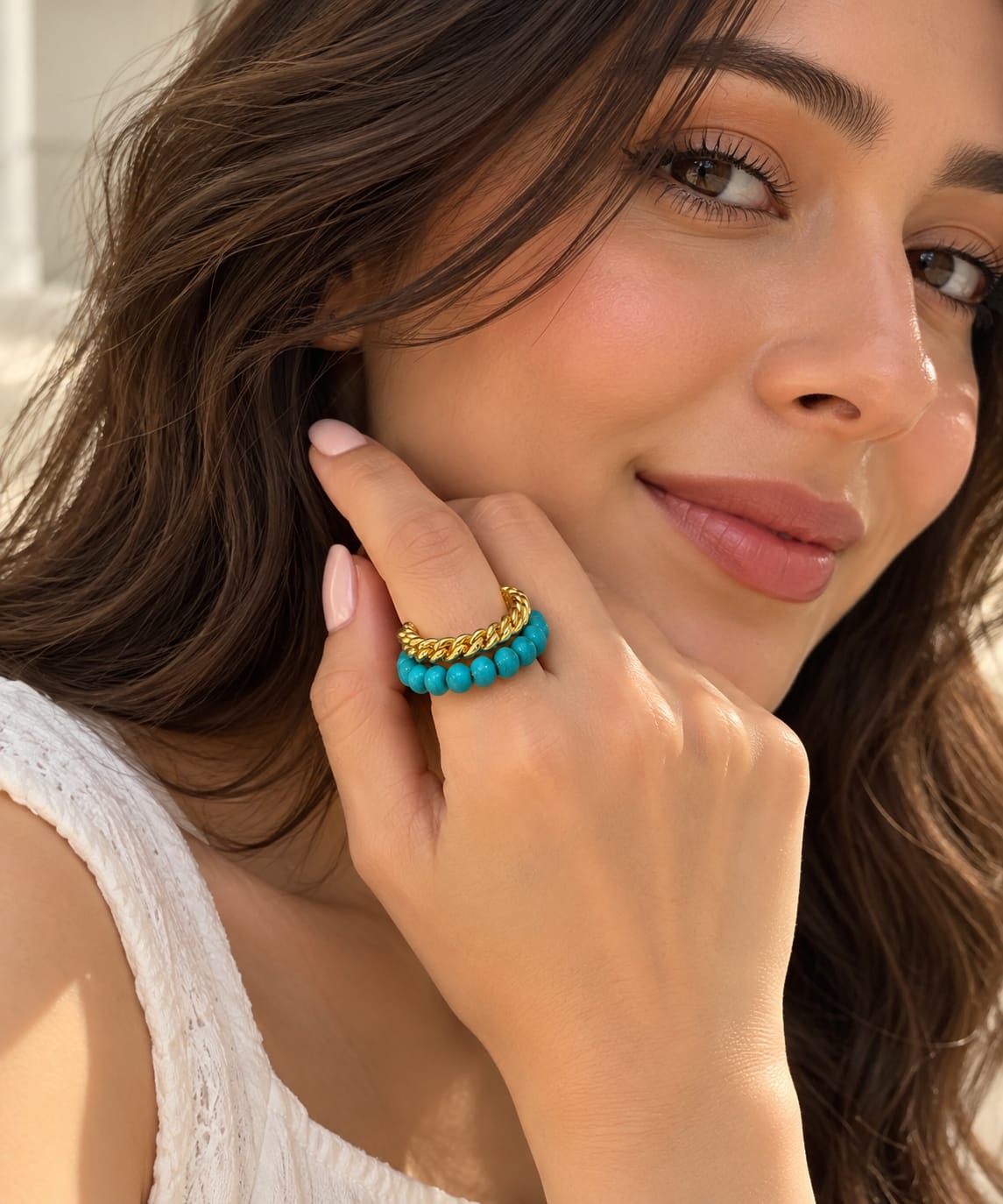 Blue Waters Ring – Turquoise Bead And Gold Chain Band - Infinity Jewelzz