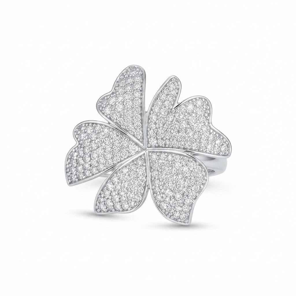 Crystal Bloom Ring — Silver Crystal-encrusted Floral Statement Ring