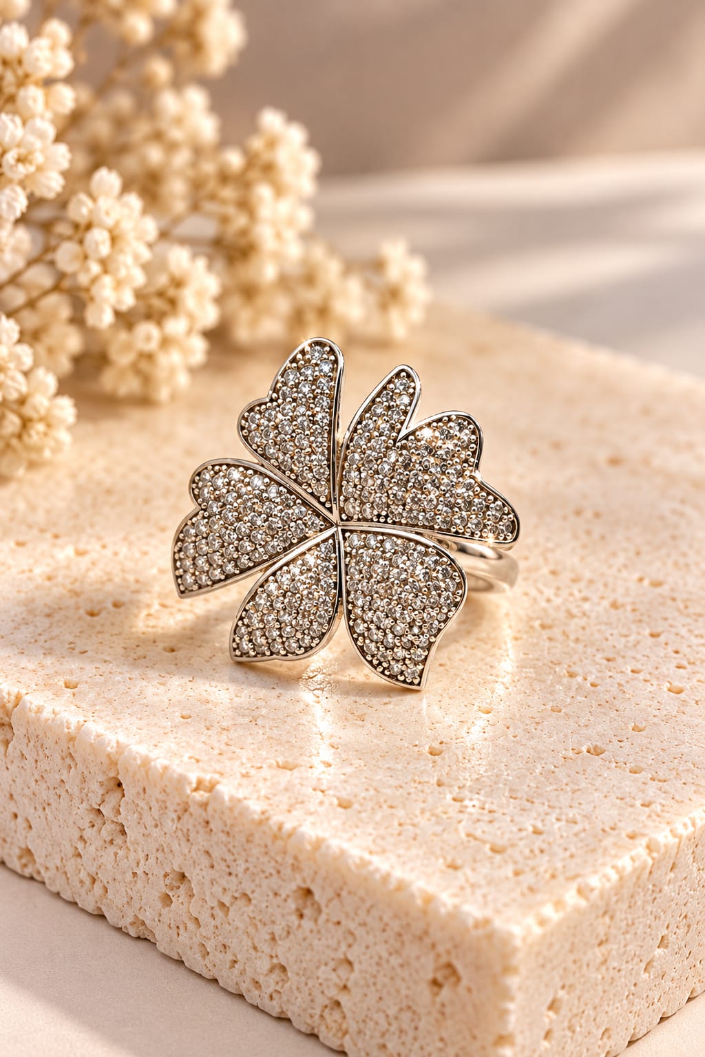 Crystal Bloom Ring — Silver Crystal-encrusted Floral Statement Ring