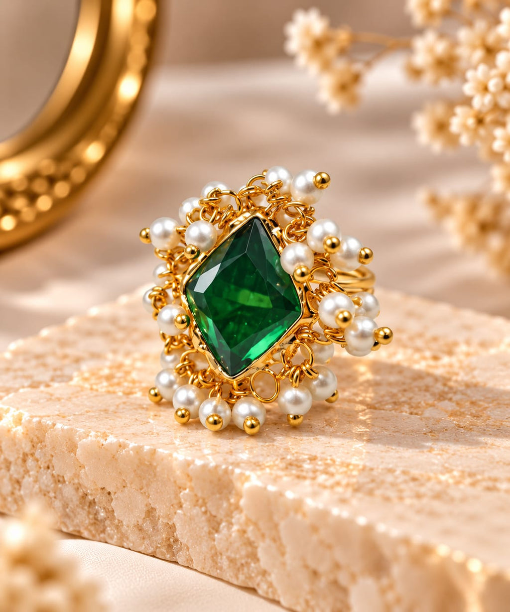 Emerald Royale Ring – Green Statement Stone with Pearl Detailing - Infinity Jewelzz