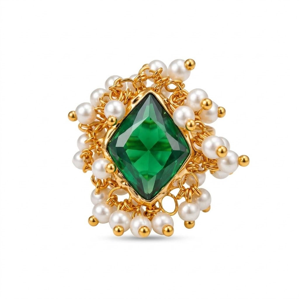 Emerald Royale Ring – Green Statement Stone with Pearl Detailing - Infinity Jewelzz