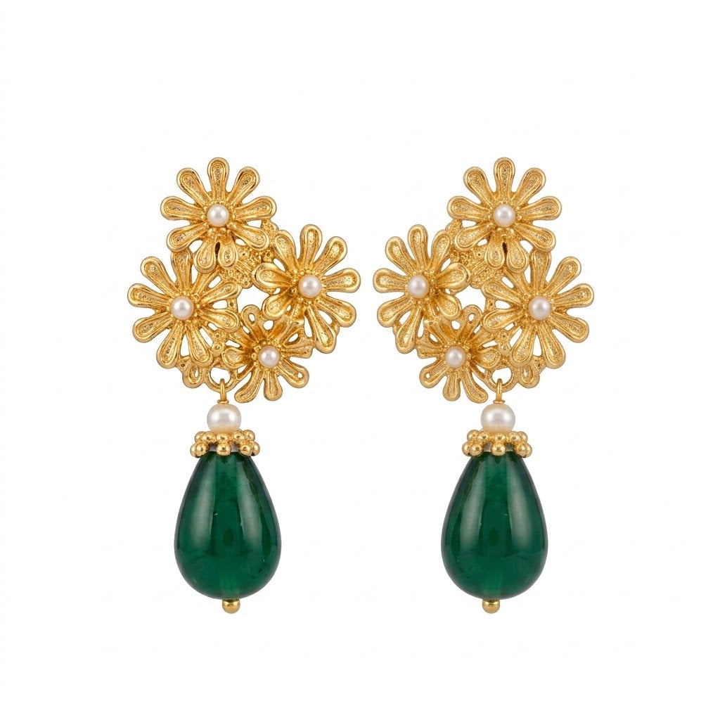 Éclat Émeraude - Boucles d'oreilles pendantes fleurs dorées