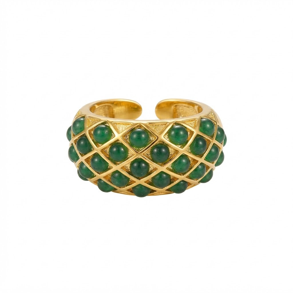 Emerald Lattice Ring — Gold Woven-lattice Statement Ring with Bezel-set Green Gemstone Beads
