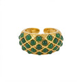 Emerald Lattice Ring — Gold Woven-lattice Statement Ring with Bezel-set Green Gemstone Beads
