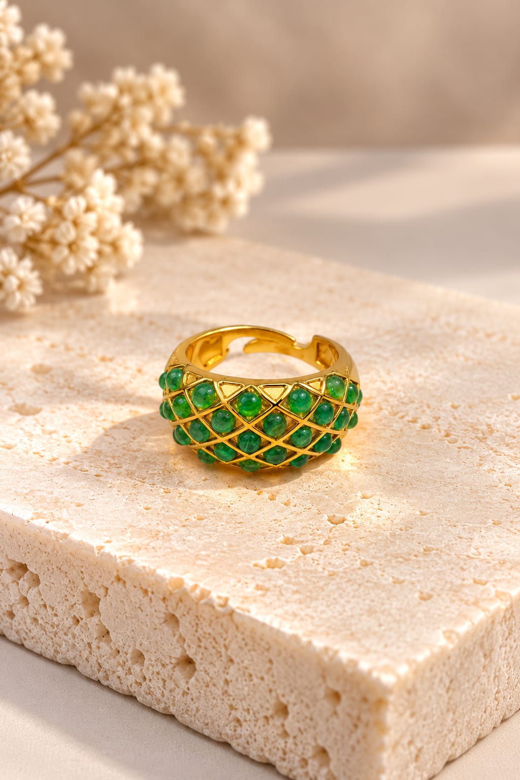 Emerald Lattice Ring — Gold Woven-lattice Statement Ring with Bezel-set Green Gemstone Beads