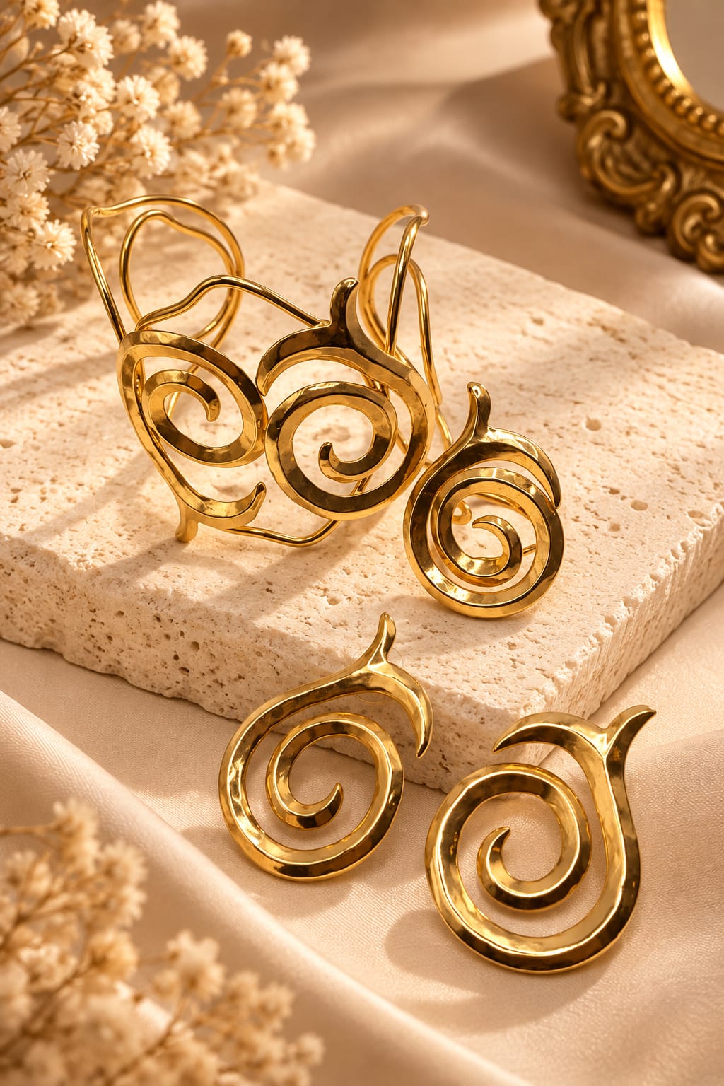Parure Golden Dervish — Bracelet manchette en or ouvragé et boucles d'oreilles assorties ornées de motifs en spirale complexes