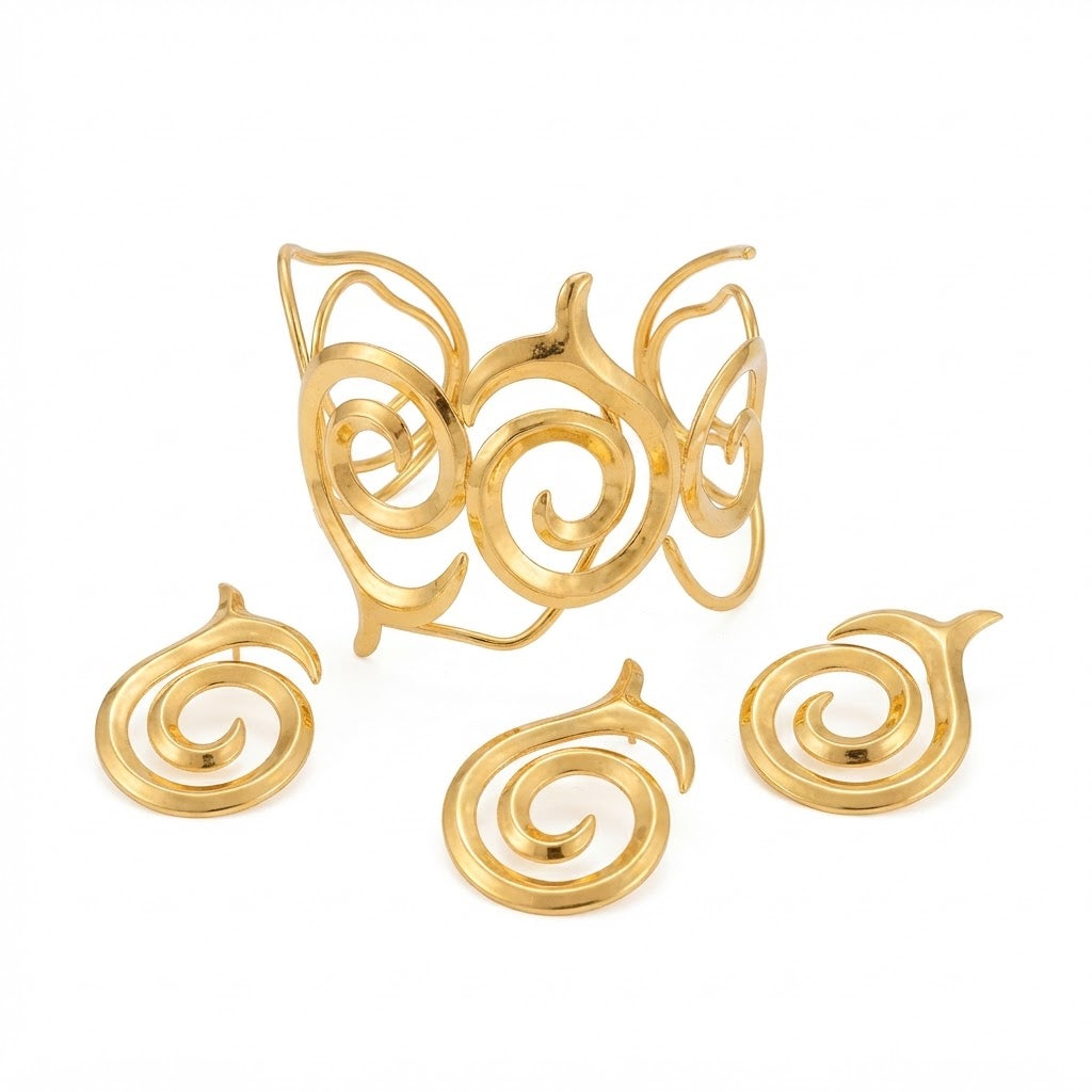 Parure Golden Dervish — Bracelet manchette en or ouvragé et boucles d'oreilles assorties ornées de motifs en spirale complexes