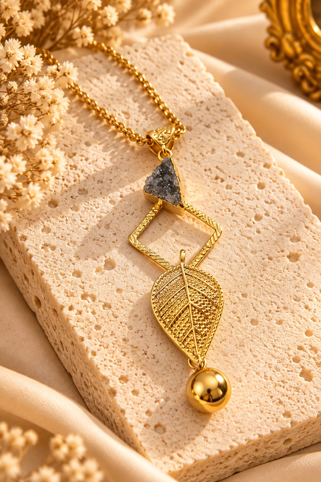 Golden Druzy Leaf Lariat