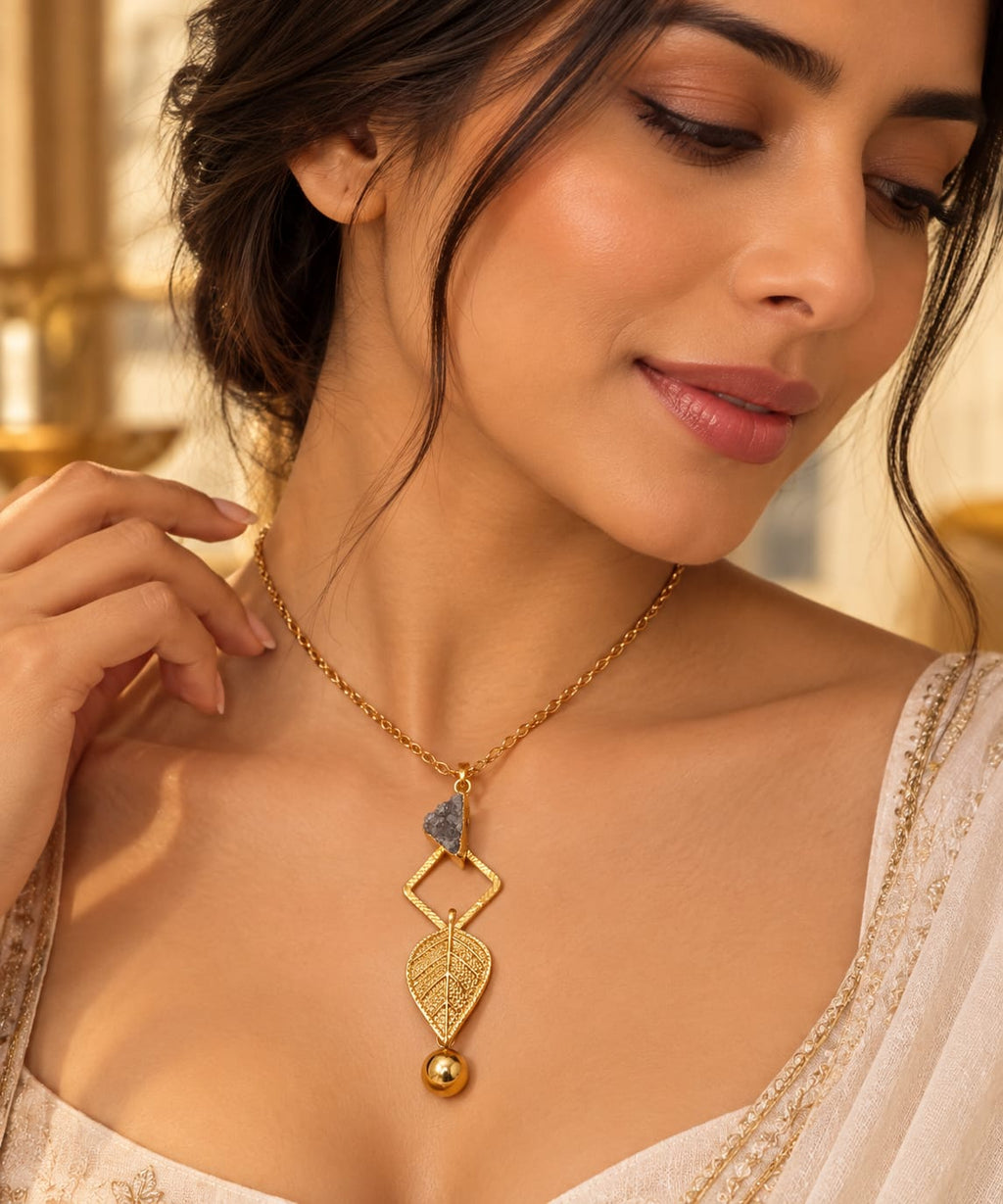 Golden Druzy Leaf Lariat