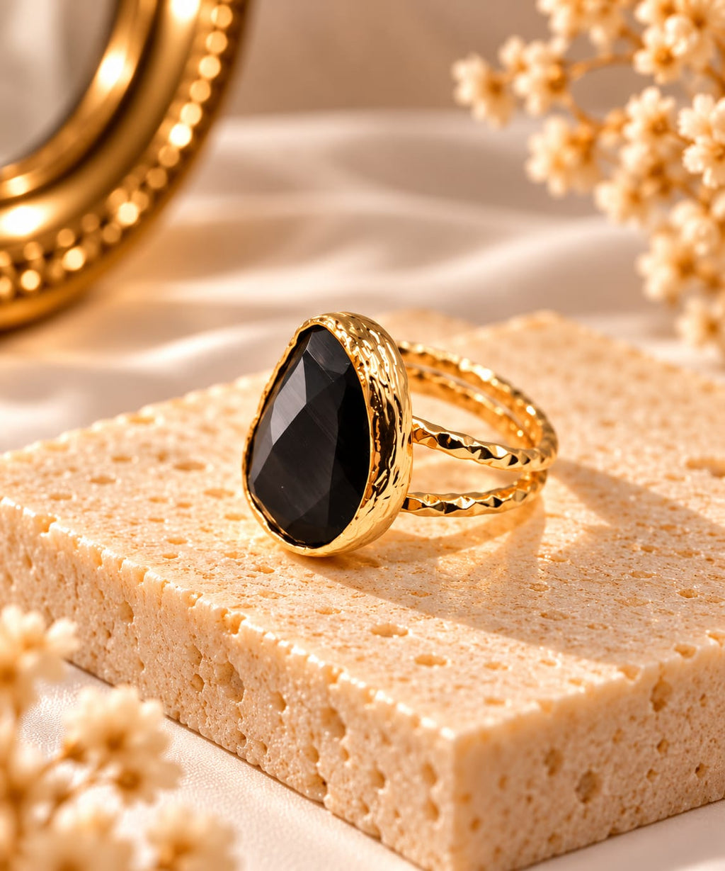 Midnight Onyx Ring – Bold Black Teardrop Stone With Hammered Gold Border - Infinity Jewelzz