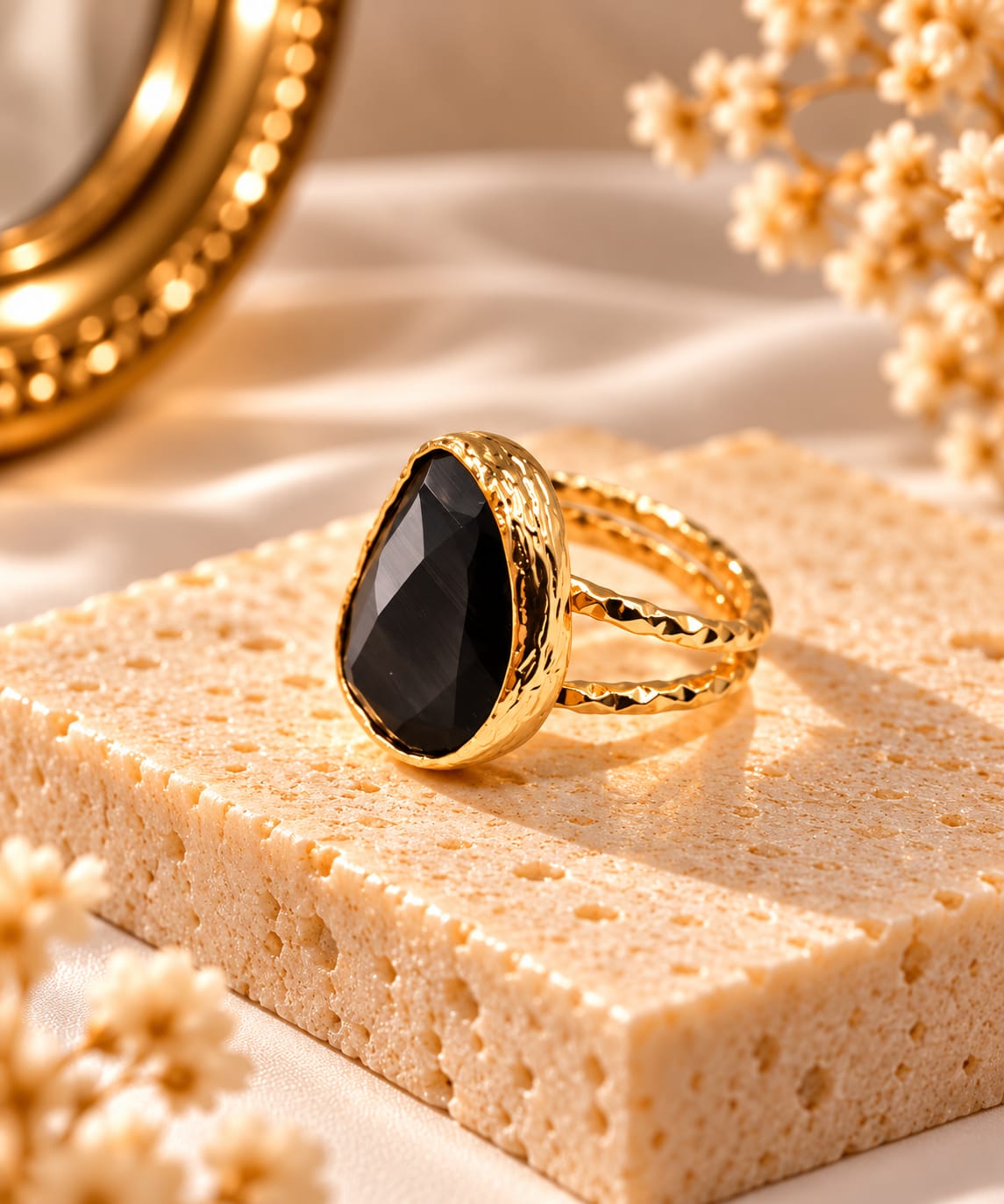 Midnight Onyx Ring – Bold Black Teardrop Stone With Hammered Gold Border - Infinity Jewelzz