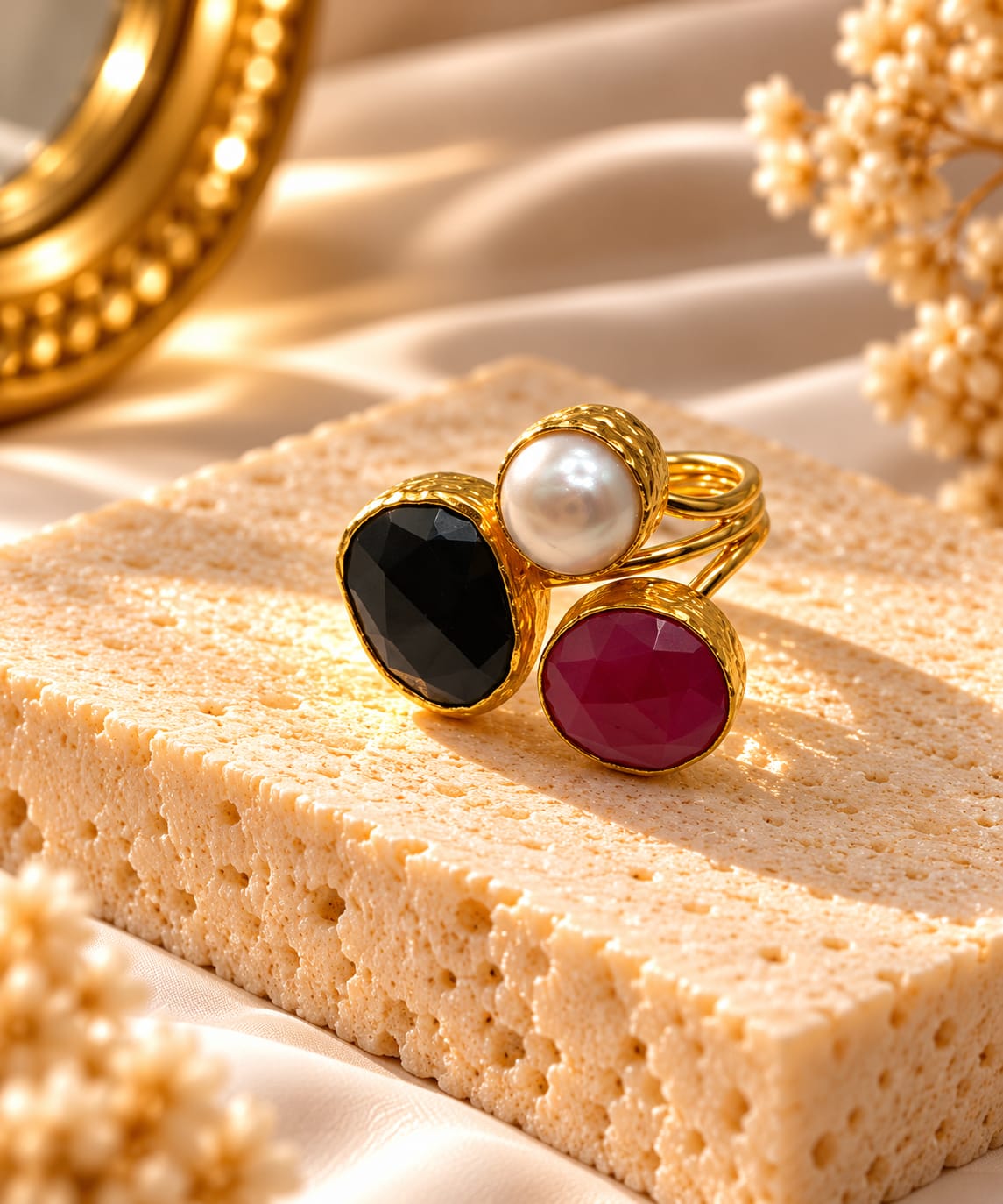 Midnight Pearl Ring – Onyx, Ruby, And Lustrous Pearl Arrangement - Infinity Jewelzz