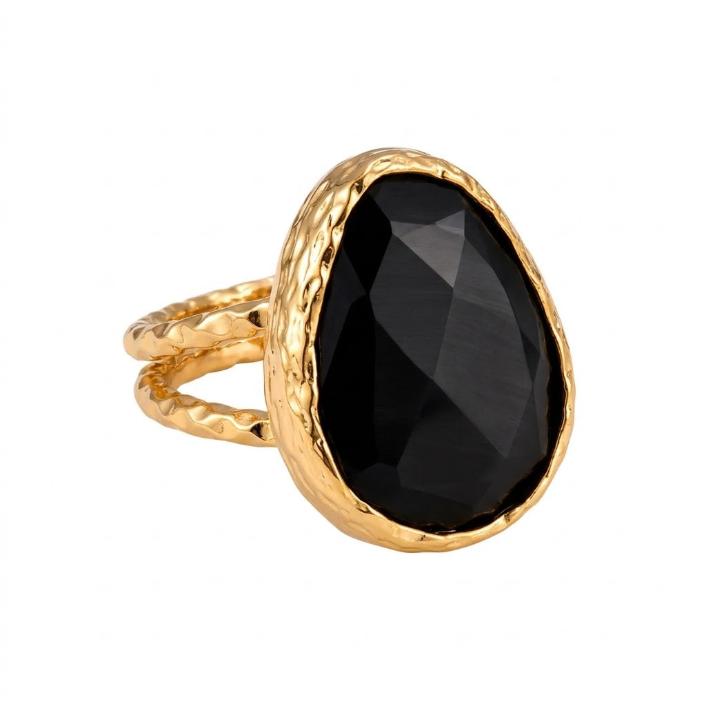 Midnight Onyx Ring – Bold Black Teardrop Stone With Hammered Gold Border - Infinity Jewelzz