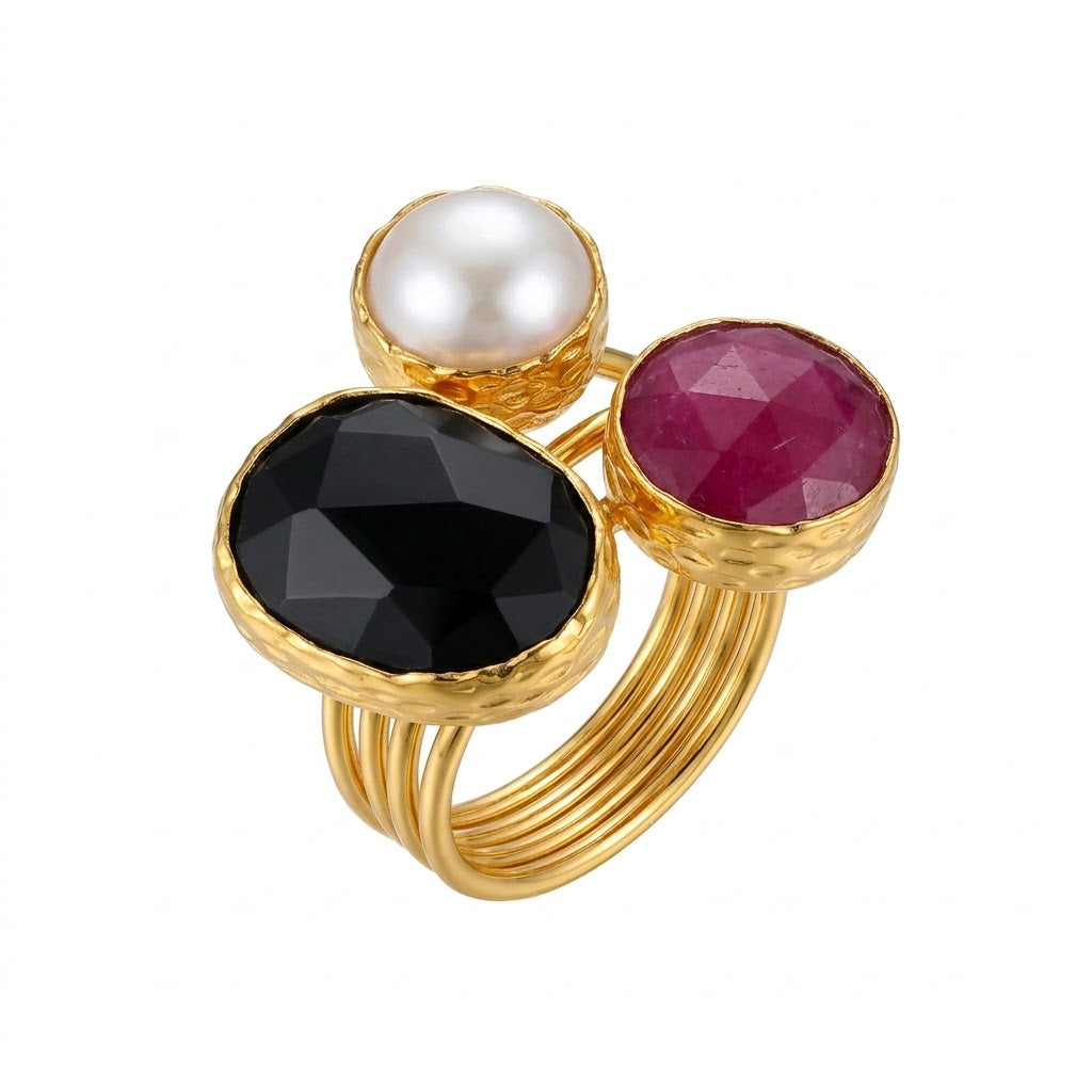 Midnight Pearl Ring – Onyx, Ruby, And Lustrous Pearl Arrangement - Infinity Jewelzz
