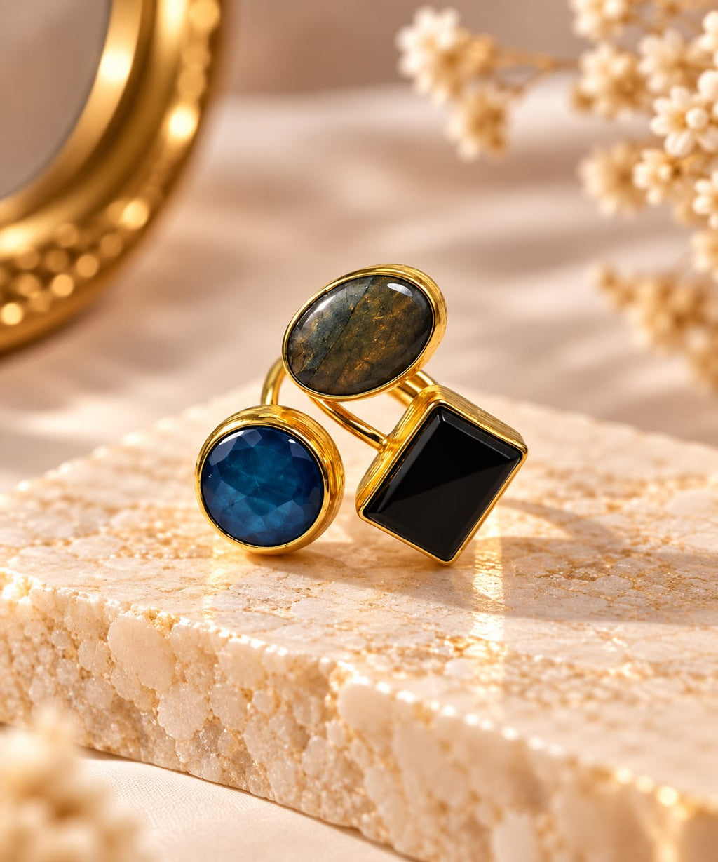 Midnight Trio Ring – Onyx, Ruby, And Pearl Trio - Infinity Jewelzz