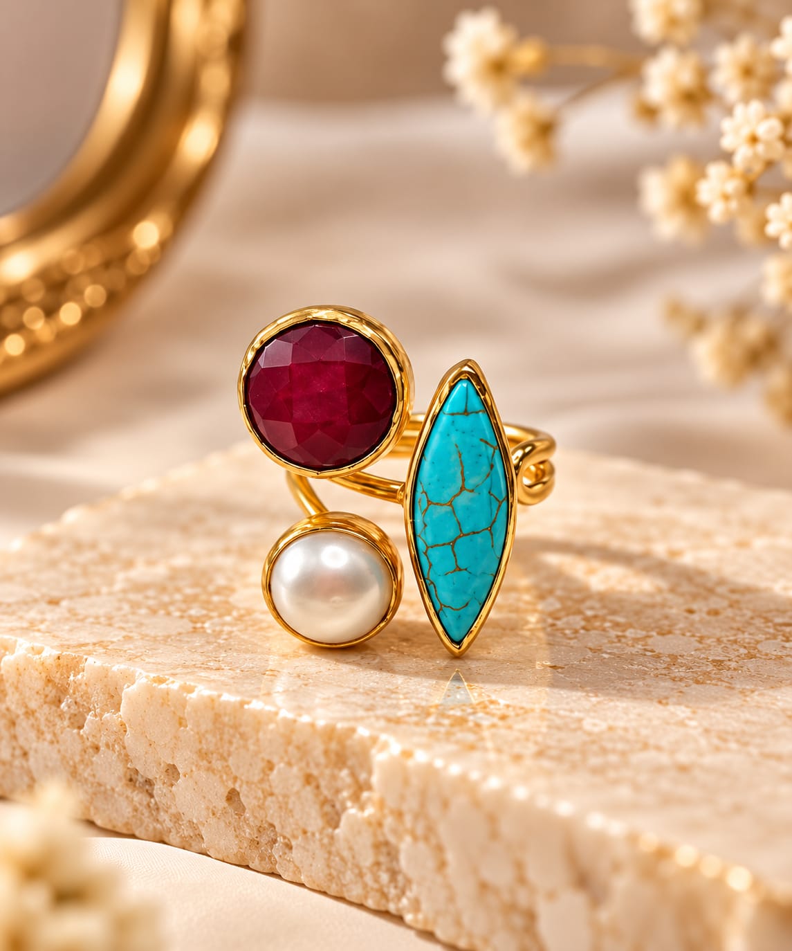 Mosaic Ring – Ruby, turquoise and pearl trio - Infinity Jewelzz