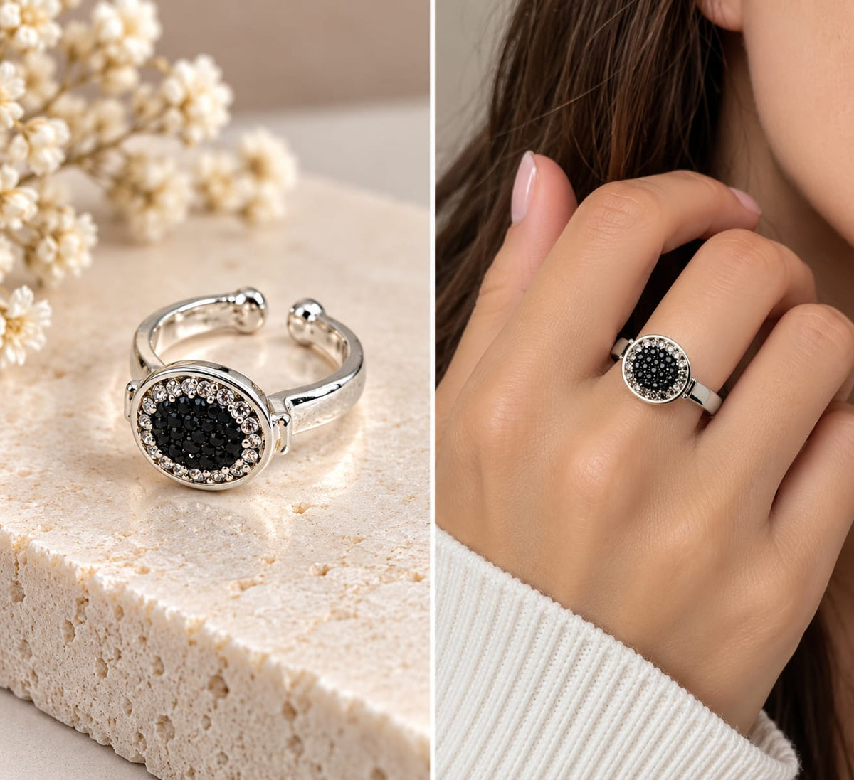 Noir Halo Ring - Silver Ring with Round Black Center and Crystal Border