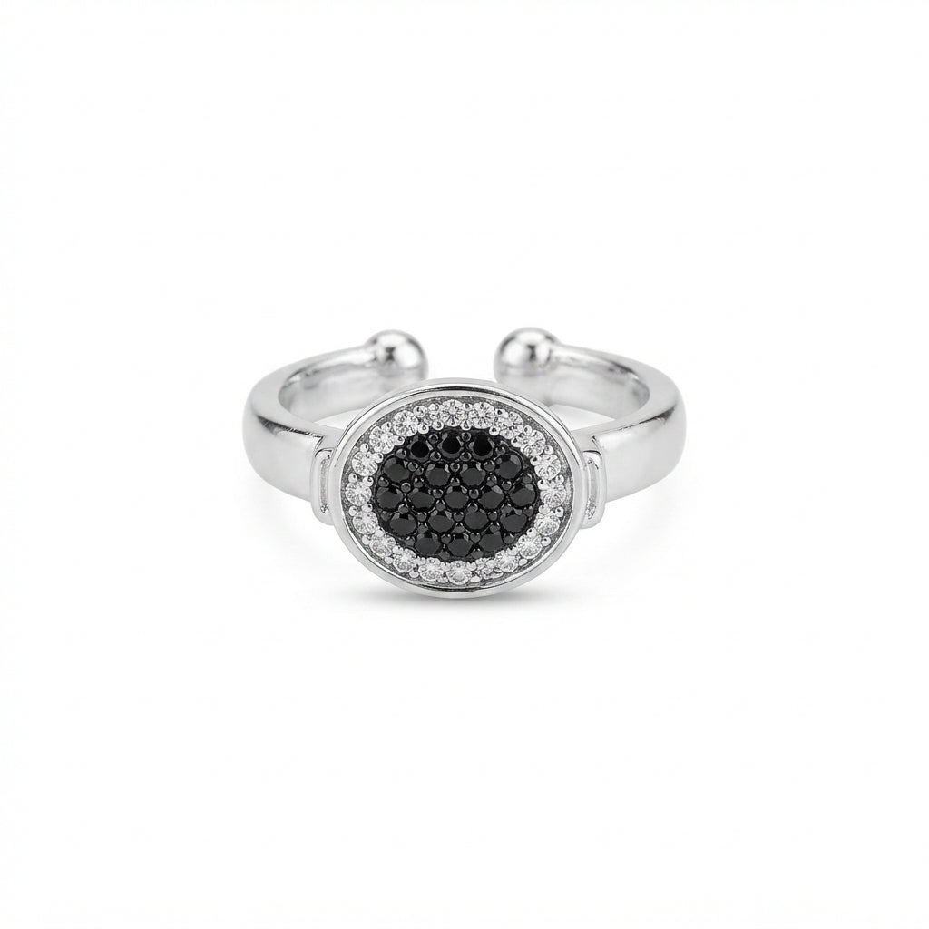 Noir Halo Ring - Silver Ring with Round Black Center and Crystal Border