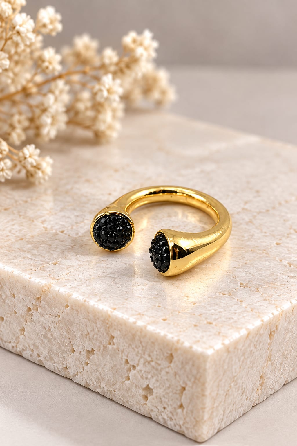 Noir Duo Ring - Gold Open Ring with Two Black Stone Ends