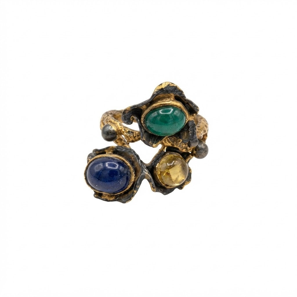 Ottoman Garden Ring — Antique-finish gold multi-stone statement ring featuring blue, green, and yellow cabochons