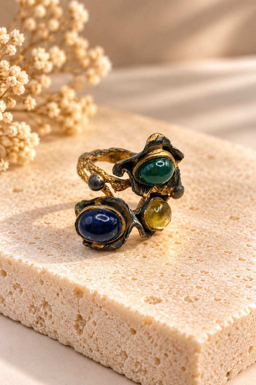 Ottoman Garden Ring — Antique-finish gold multi-stone statement ring featuring blue, green, and yellow cabochons