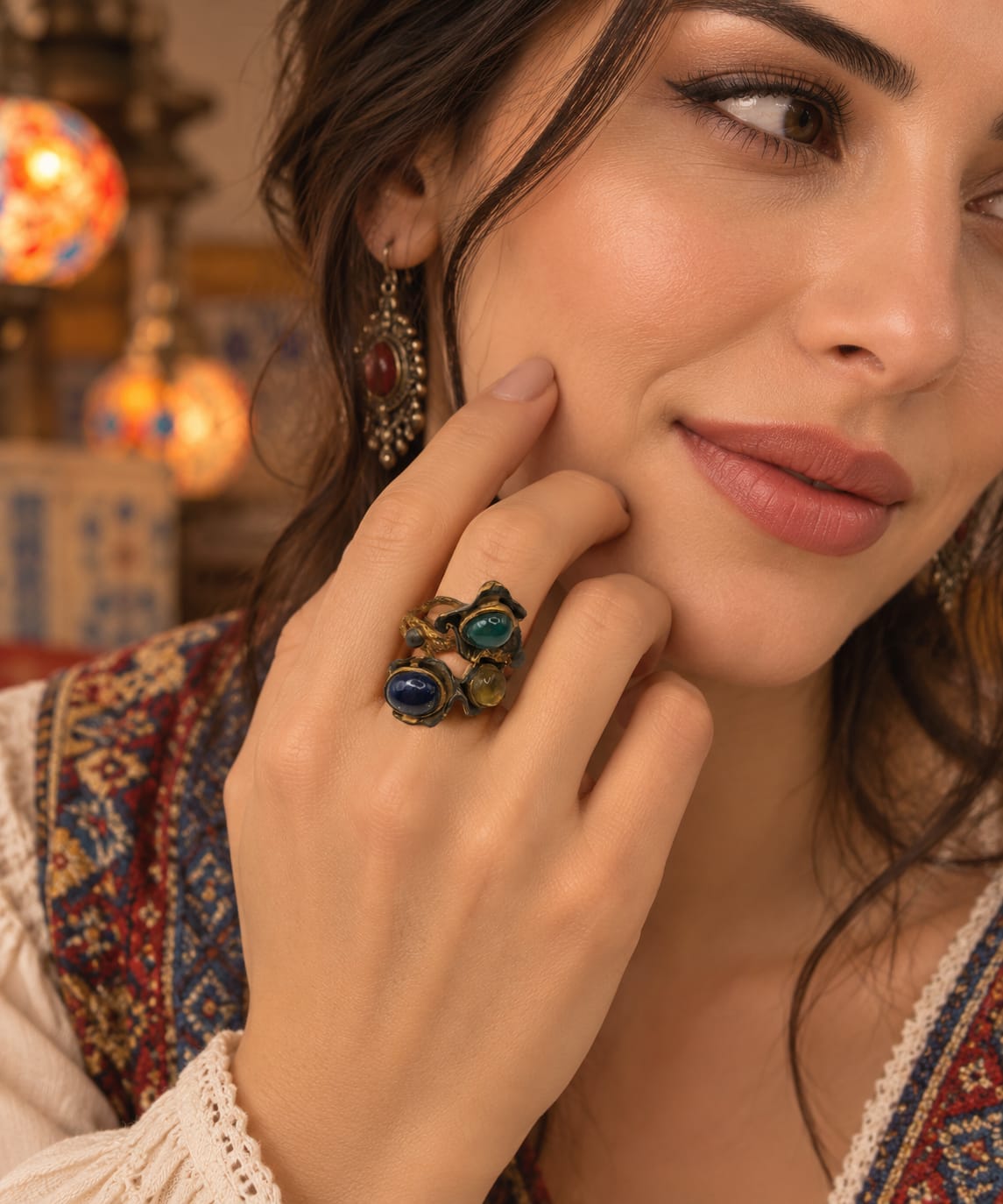 Ottoman Garden Ring — Antique-finish gold multi-stone statement ring featuring blue, green, and yellow cabochons