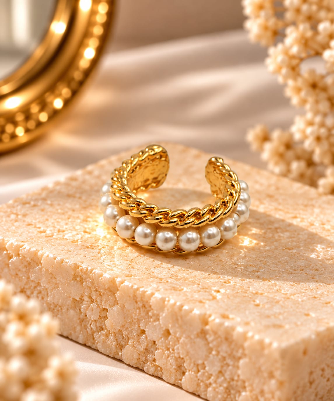 Pearl Cirm Ring – Pearl Row With Gold Chain Accent - Infinity Jewelzz