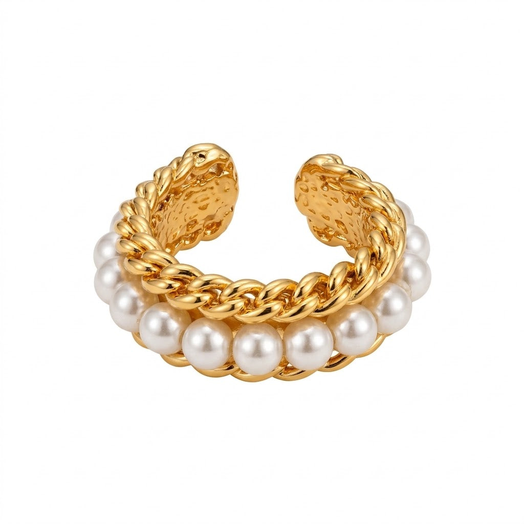 Pearl Cirm Ring – Pearl Row With Gold Chain Accent - Infinity Jewelzz