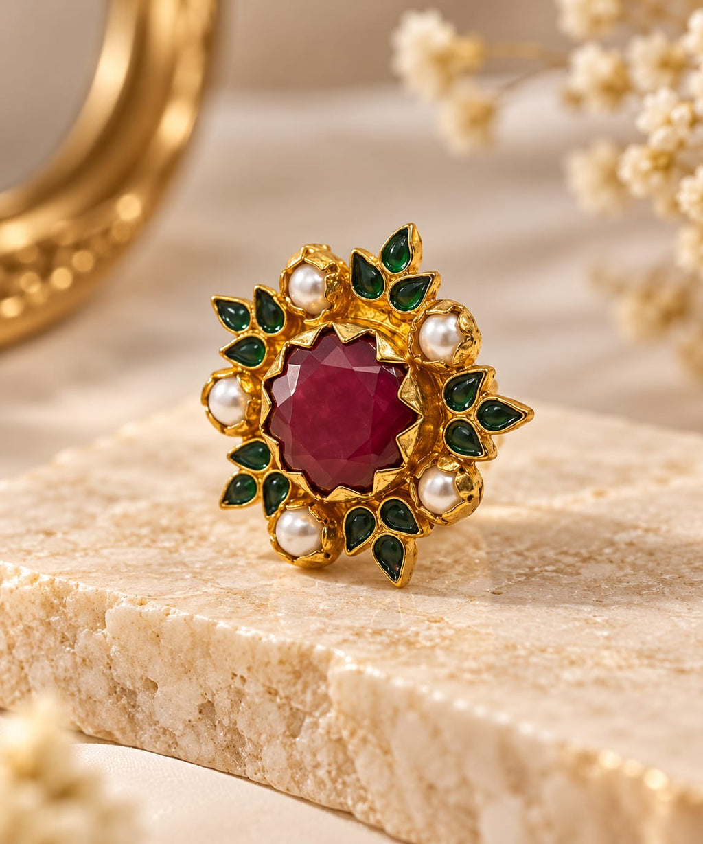 Ruby Garden Ring – Ruby Centre With Green Leaves and Pearls - Infinity Jewelzz