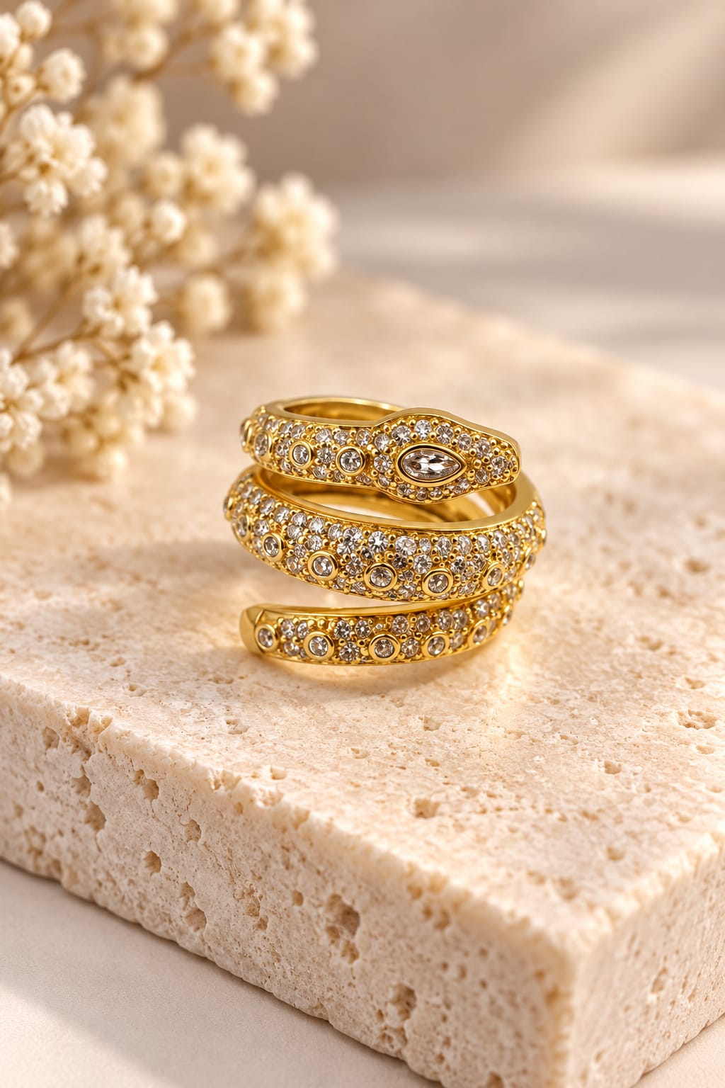 Serpentine Spark Ring - Gold Crystal-encrusted Wrap/Snake-style Ring