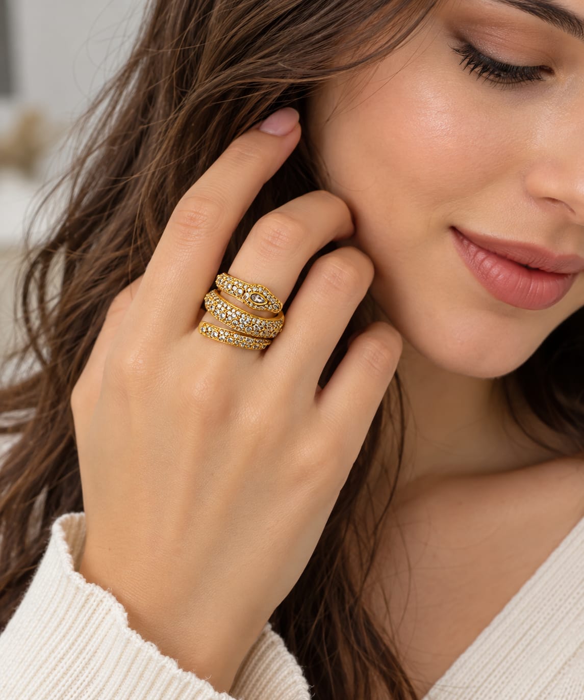 Serpentine Spark Ring - Gold Crystal-encrusted Wrap/Snake-style Ring