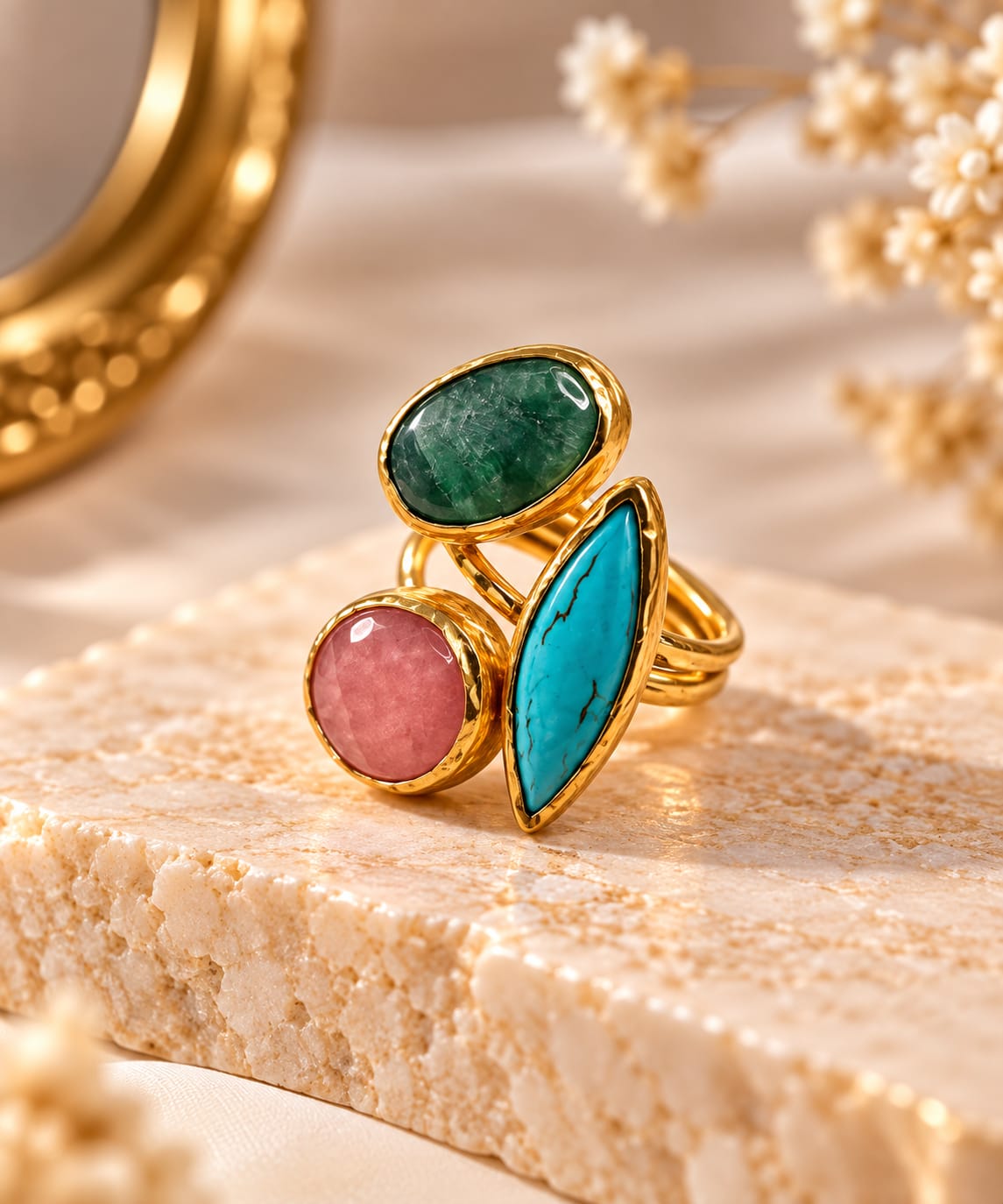 Trinity Gem Ring – Turquoise, Blush Pink and Green Stones - Infinity Jewelzz