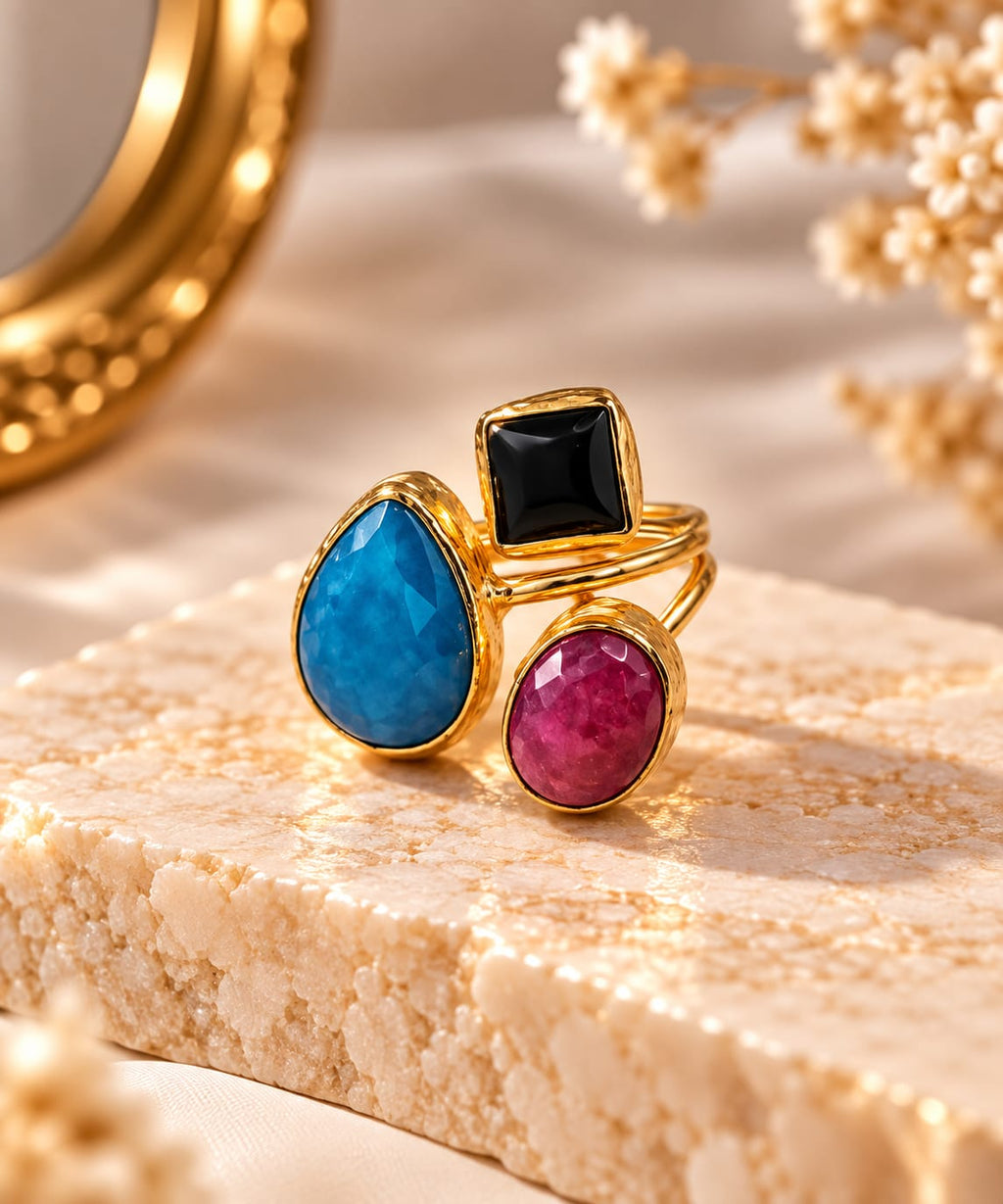 Trinity Gem Ring – Multi-Gem Statement Band Featuring Round Faceted Stones - Infinity Jewelzz