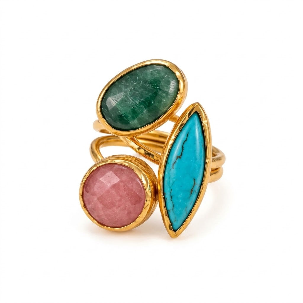 Trinity Gem Ring – Turquoise, Blush Pink and Green Stones - Infinity Jewelzz