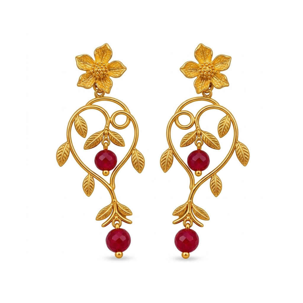 Ruby Vine - Botanical Gold Earrings With Ruby-red Drops - Infinity Jewelzz