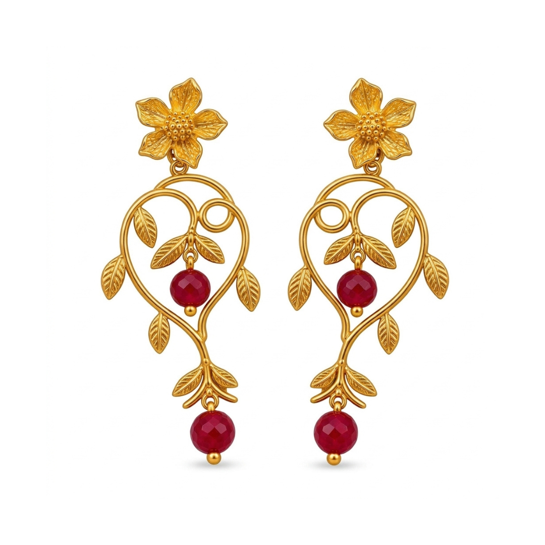 Ruby Vine - Botanical Gold Earrings With Ruby-red Drops - Infinity Jewelzz